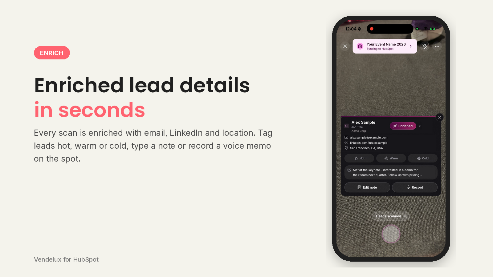 Enriched lead card with sample title, company, email, LinkedIn, location and note, next to Enriched lead details in seconds