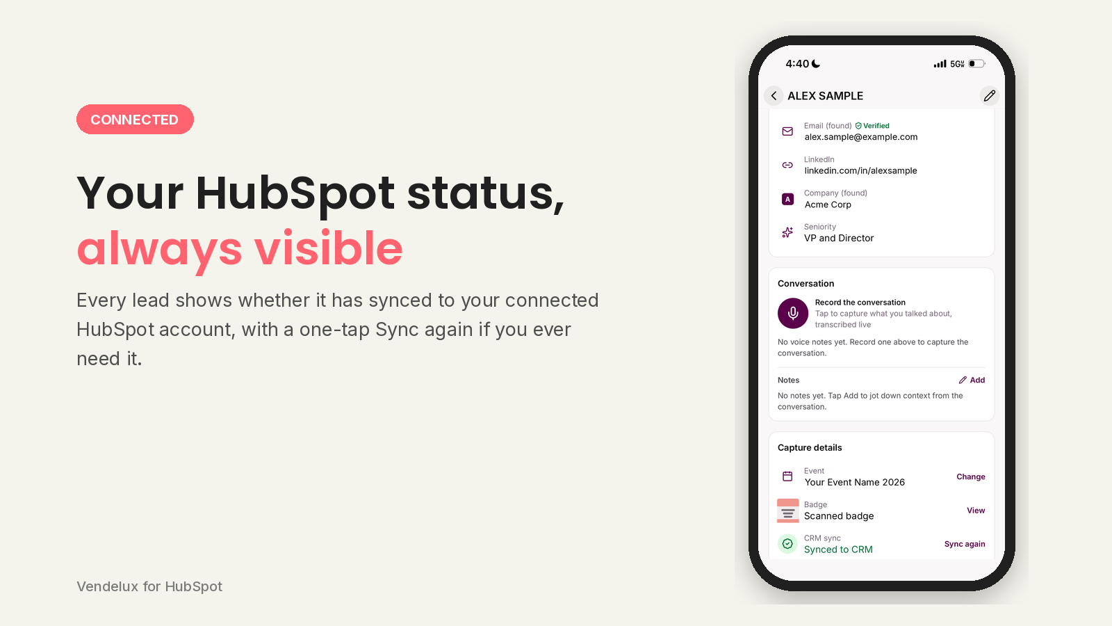 Lead detail showing Synced to CRM status and a Sync again option, beside the headline Your HubSpot status, always visible.