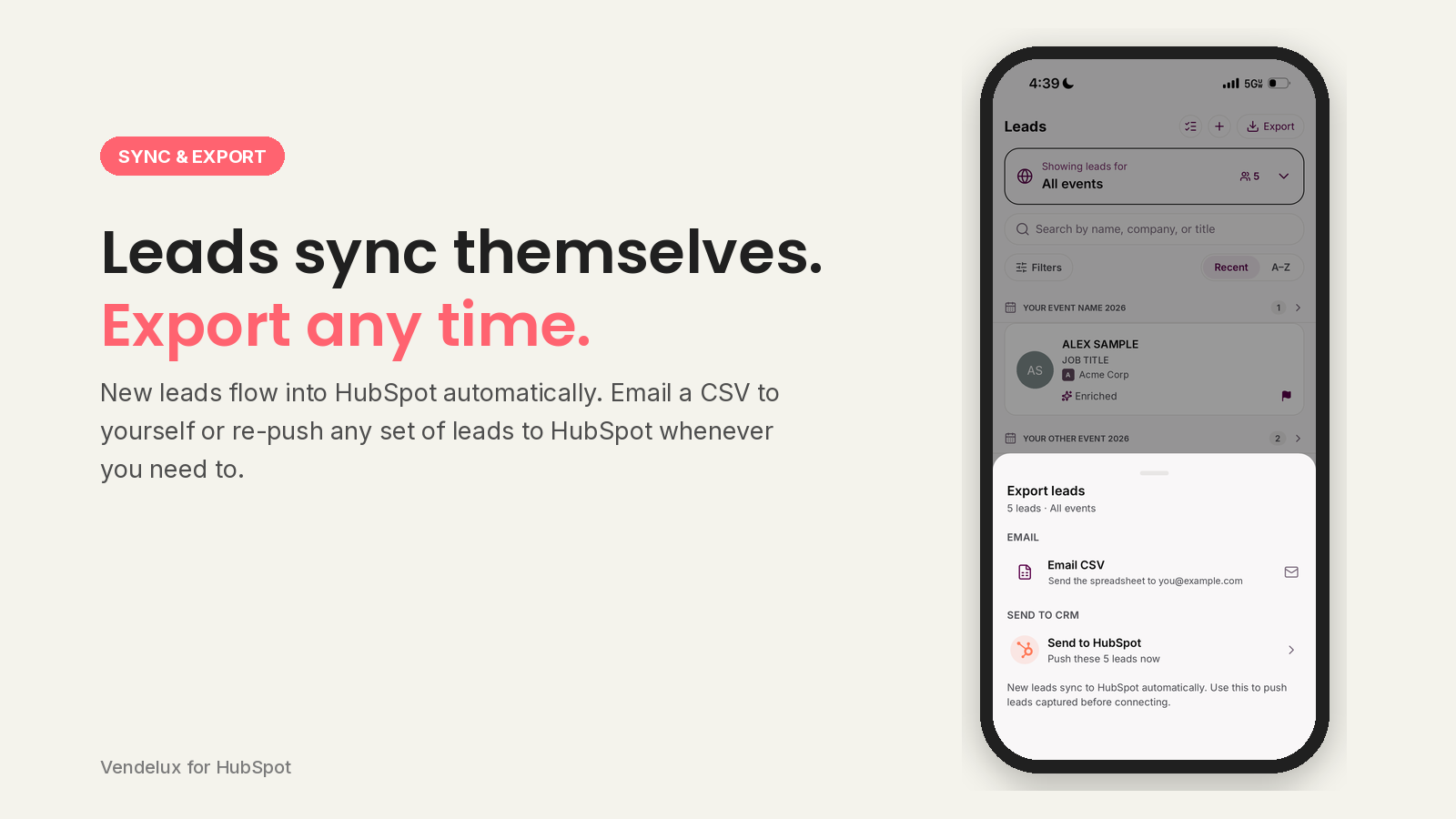 Export leads sheet with Email CSV and Send to HubSpot options, beside the headline Leads sync themselves. Export any time.